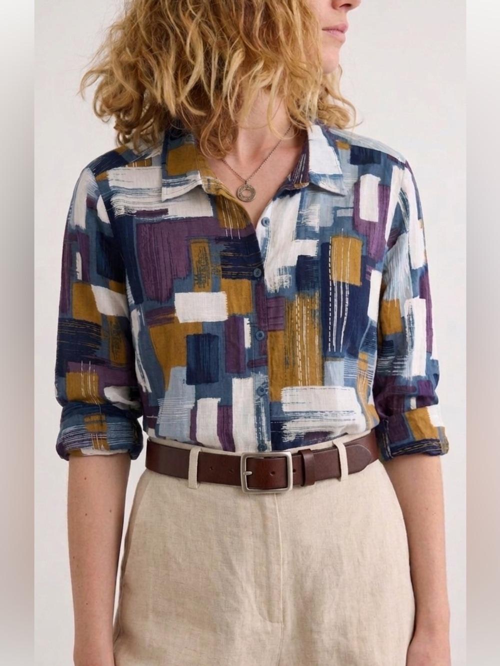 Seasalt Cornwall Larissa Organic Cotton Crinkle Abstract Art Blouse 12 / US 8